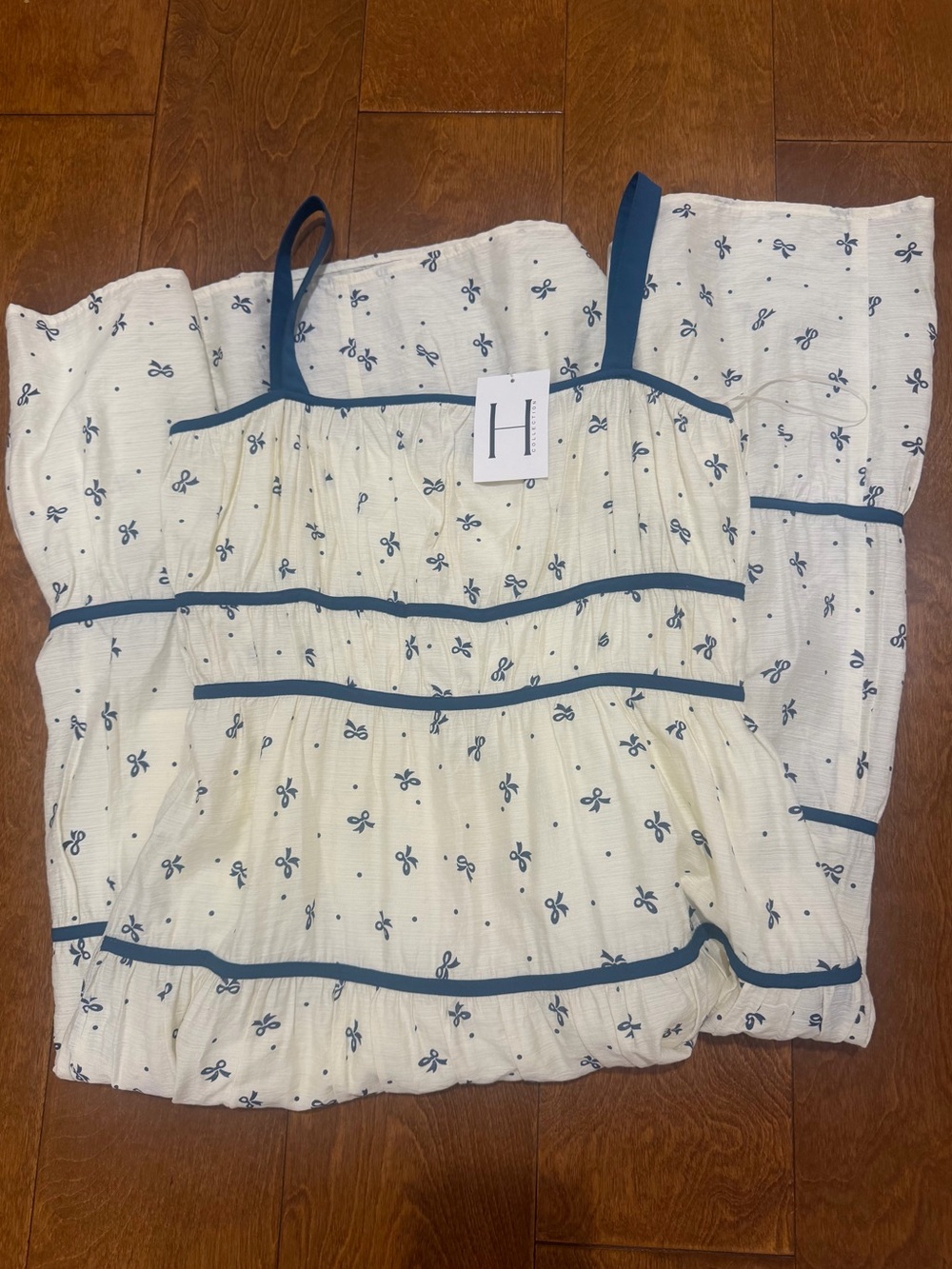 Hatch Collection Ivory Midi Dress with Navy Trim
